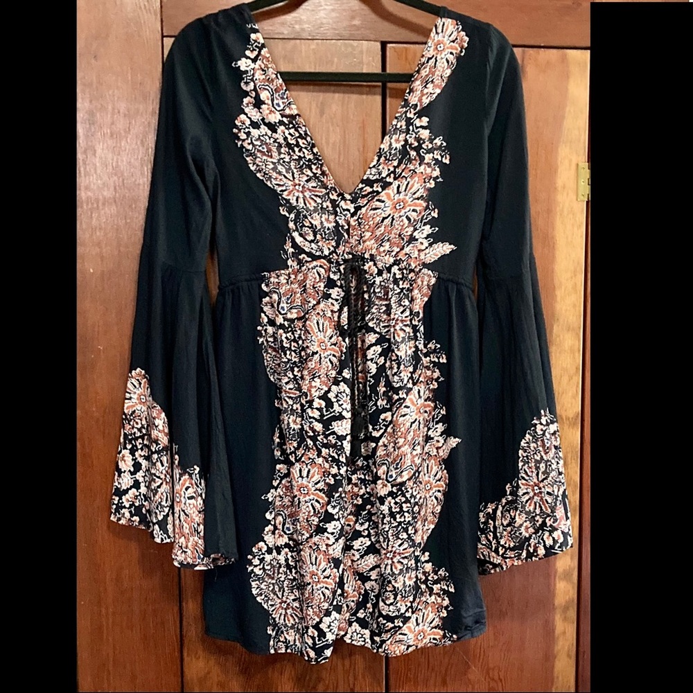 Boho festival dress with bell sleeves and low back black floral s Abercrombie